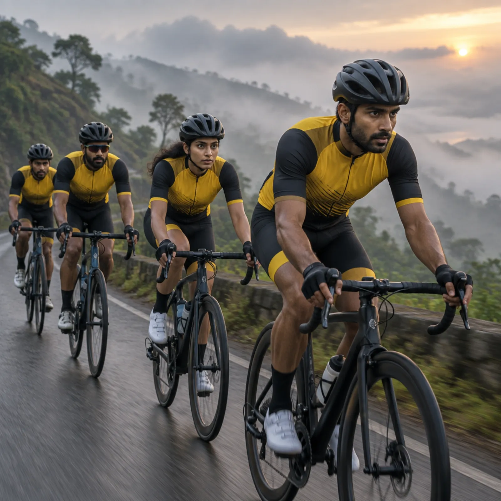 Cyclists in custom cycling jerseys on an open road
