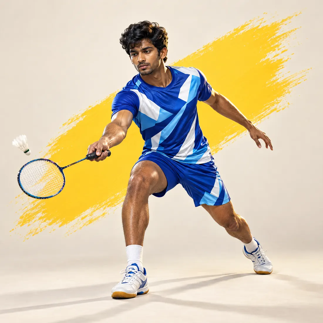 Player in a custom blue badminton jersey