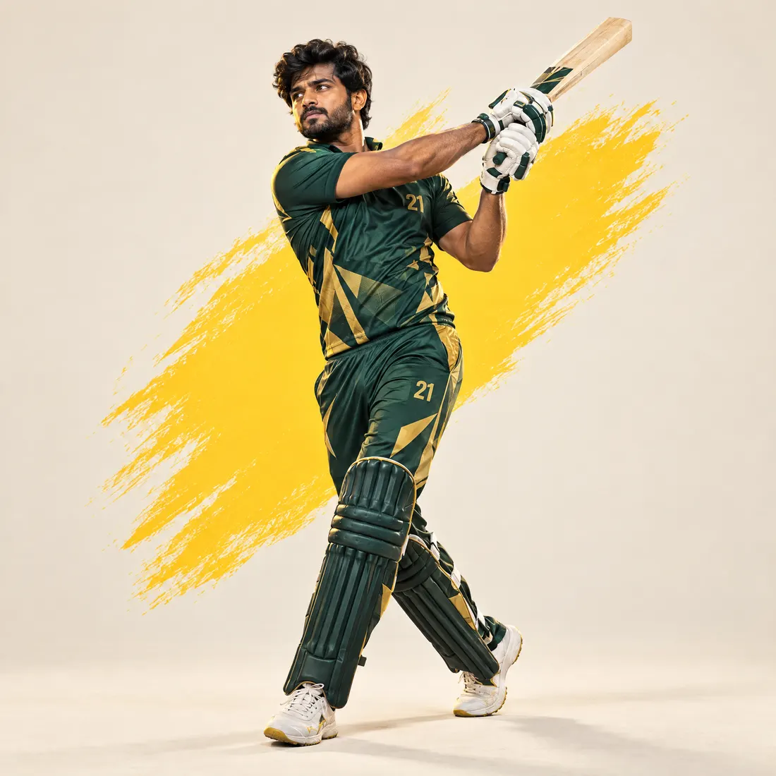Player in a custom green cricket jersey