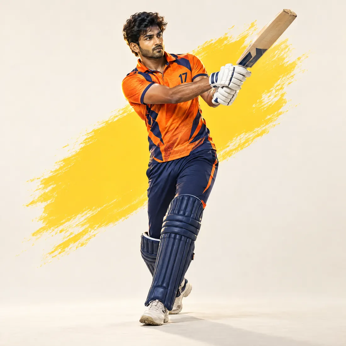 Player in a custom orange cricket jersey