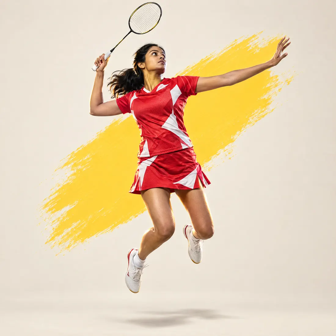 Player in a custom red badminton jersey