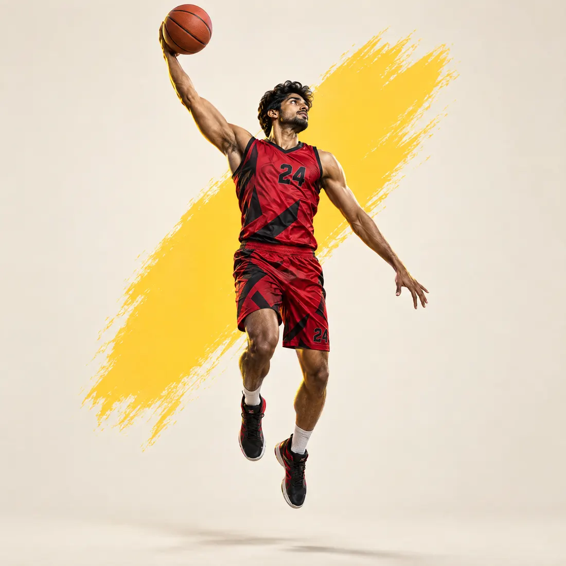 Player in a custom red basketball jersey