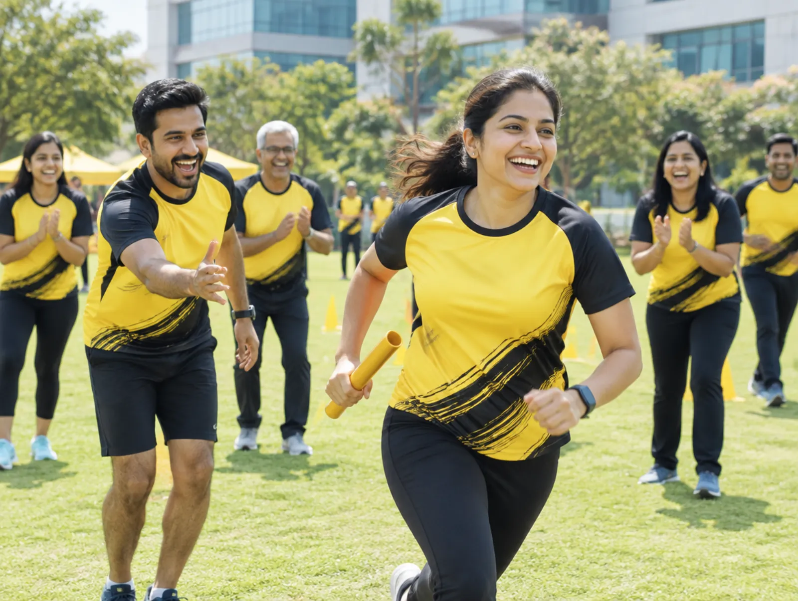 Team in custom sports t-shirts at a sports day