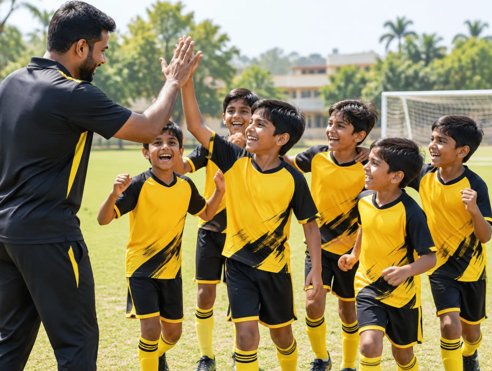 Kids football team in custom jerseys high-fiving their coach