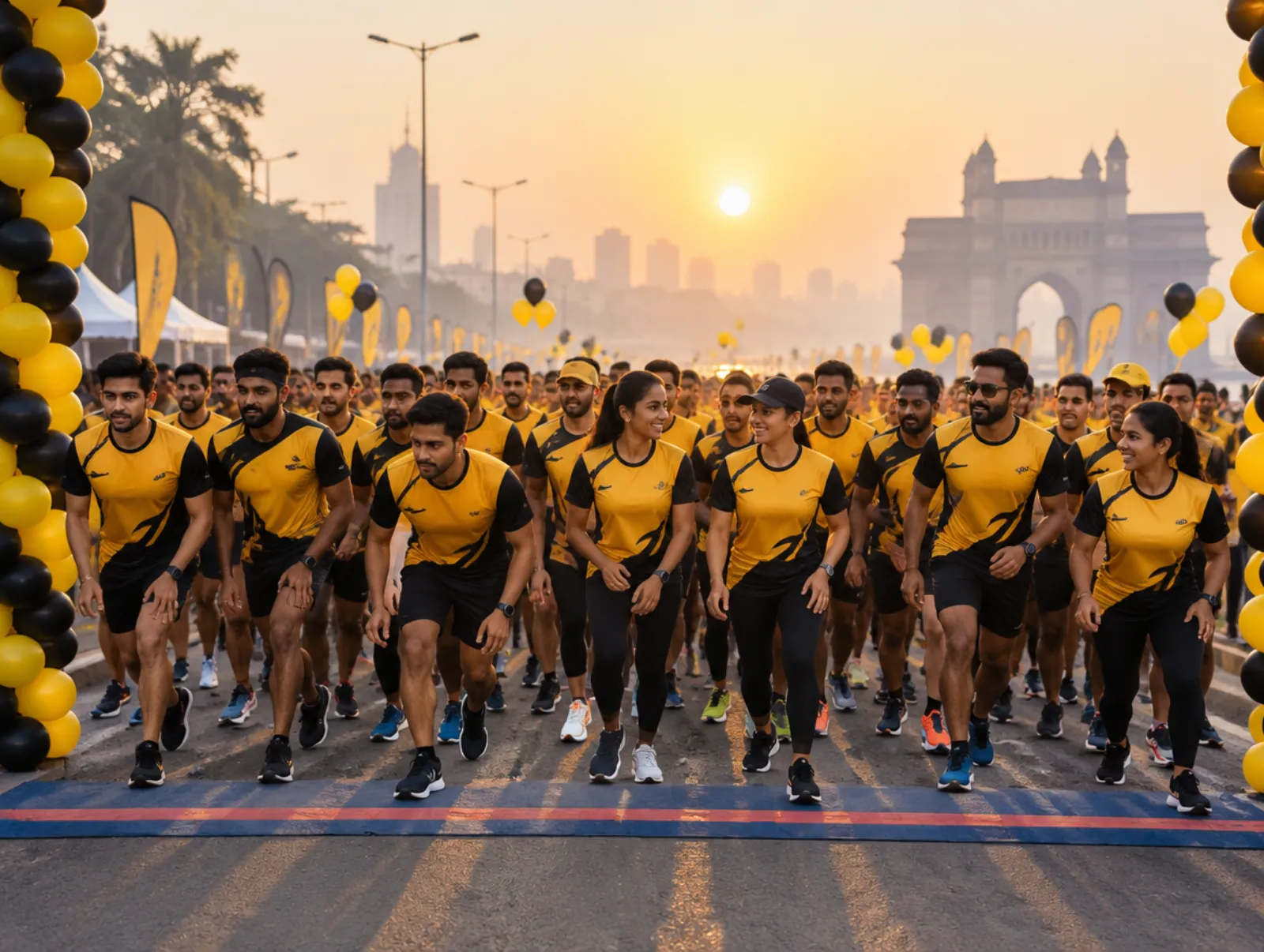 Runners in custom event jerseys at a marathon start line