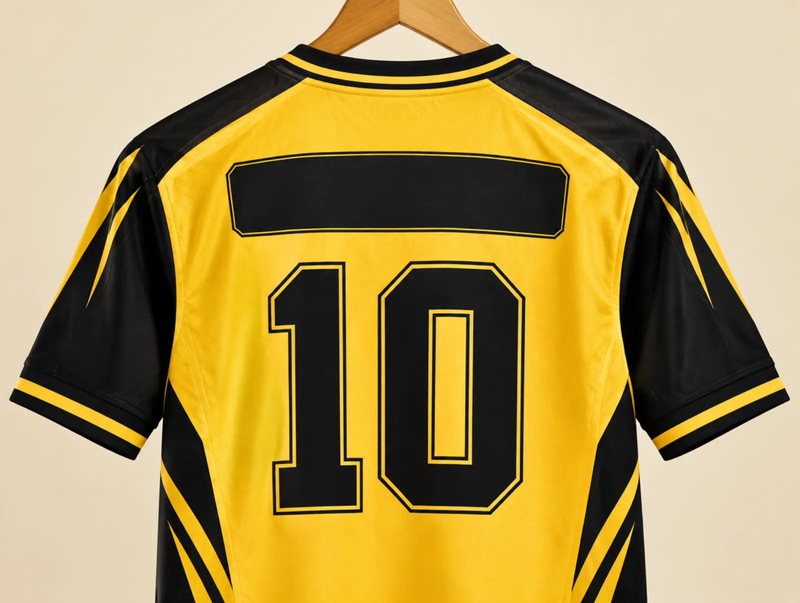 Back of a custom jersey with a printed name panel and number 10