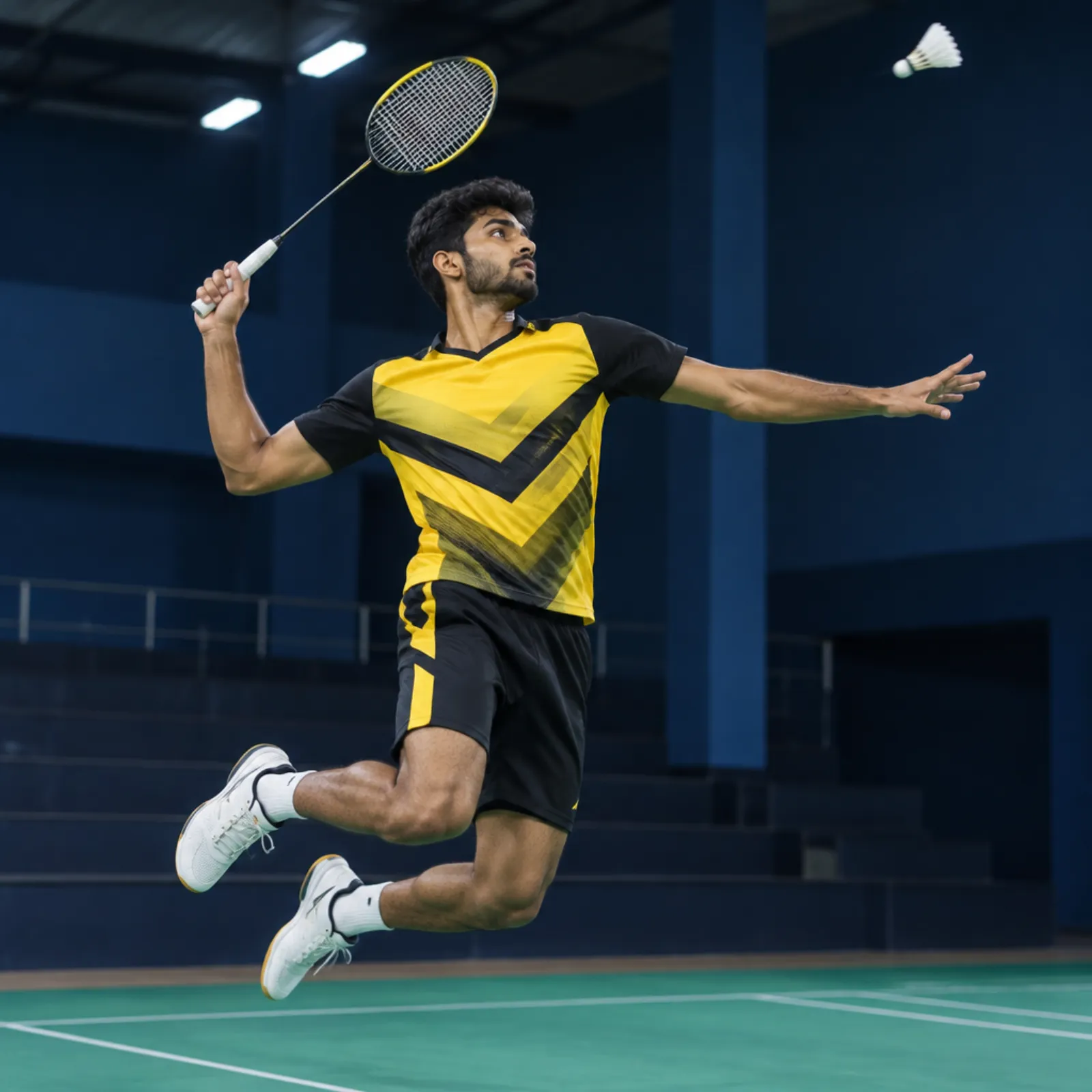 Badminton players in custom jerseys on court