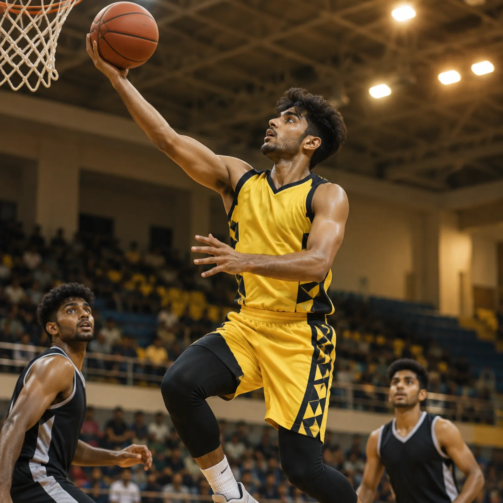 Basketball players in custom reversible jerseys on an indoor court