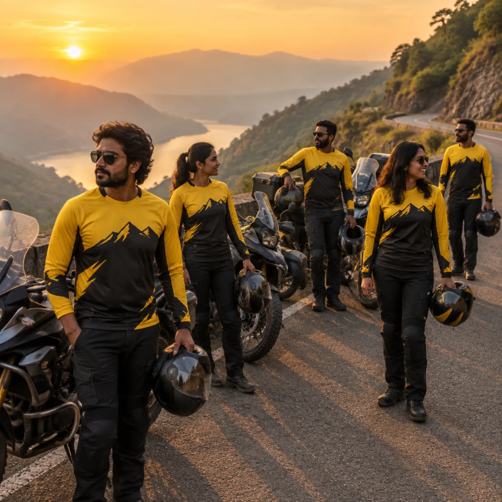 Riders in custom full-sleeve biker jerseys