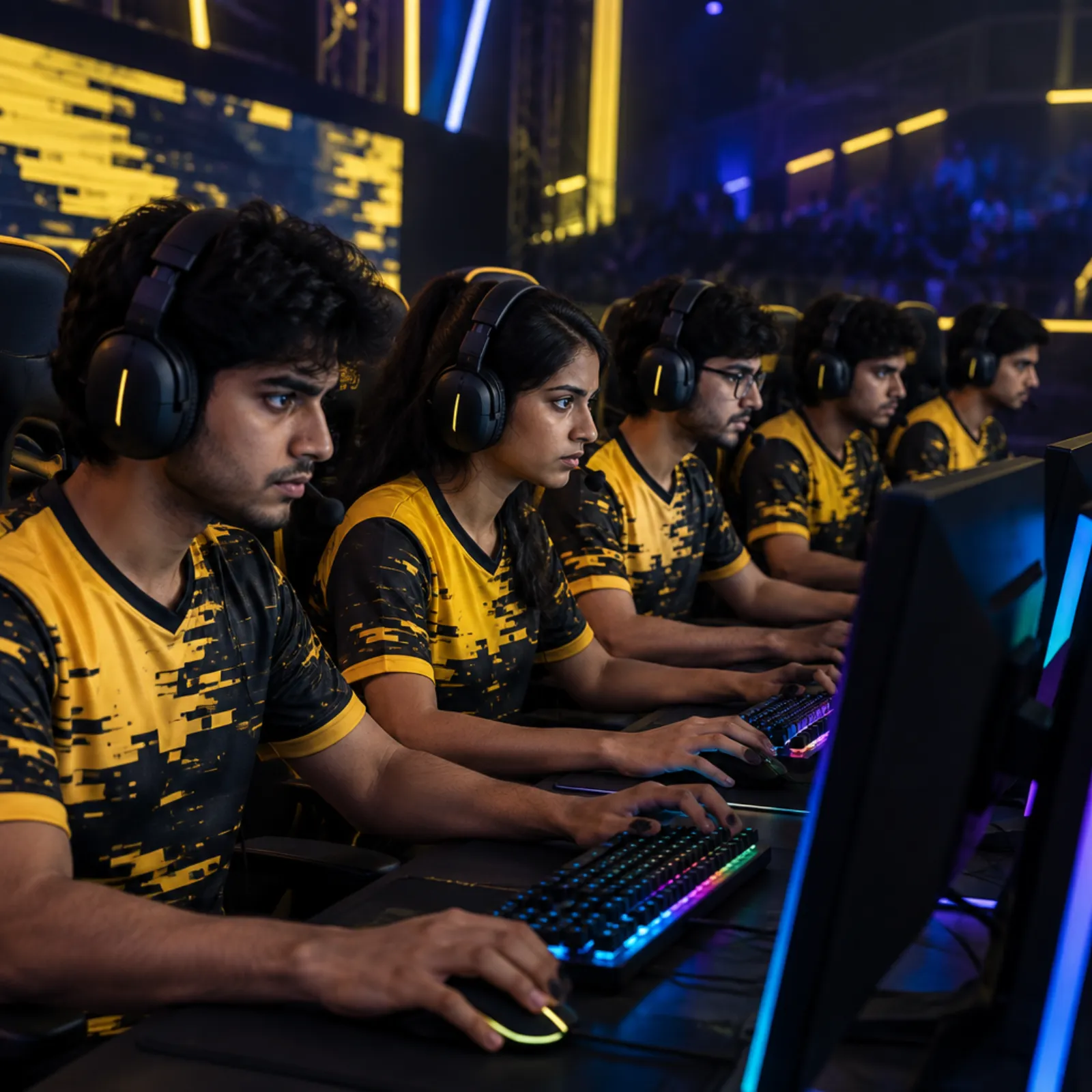 Esports team in custom gaming jerseys at their setup
