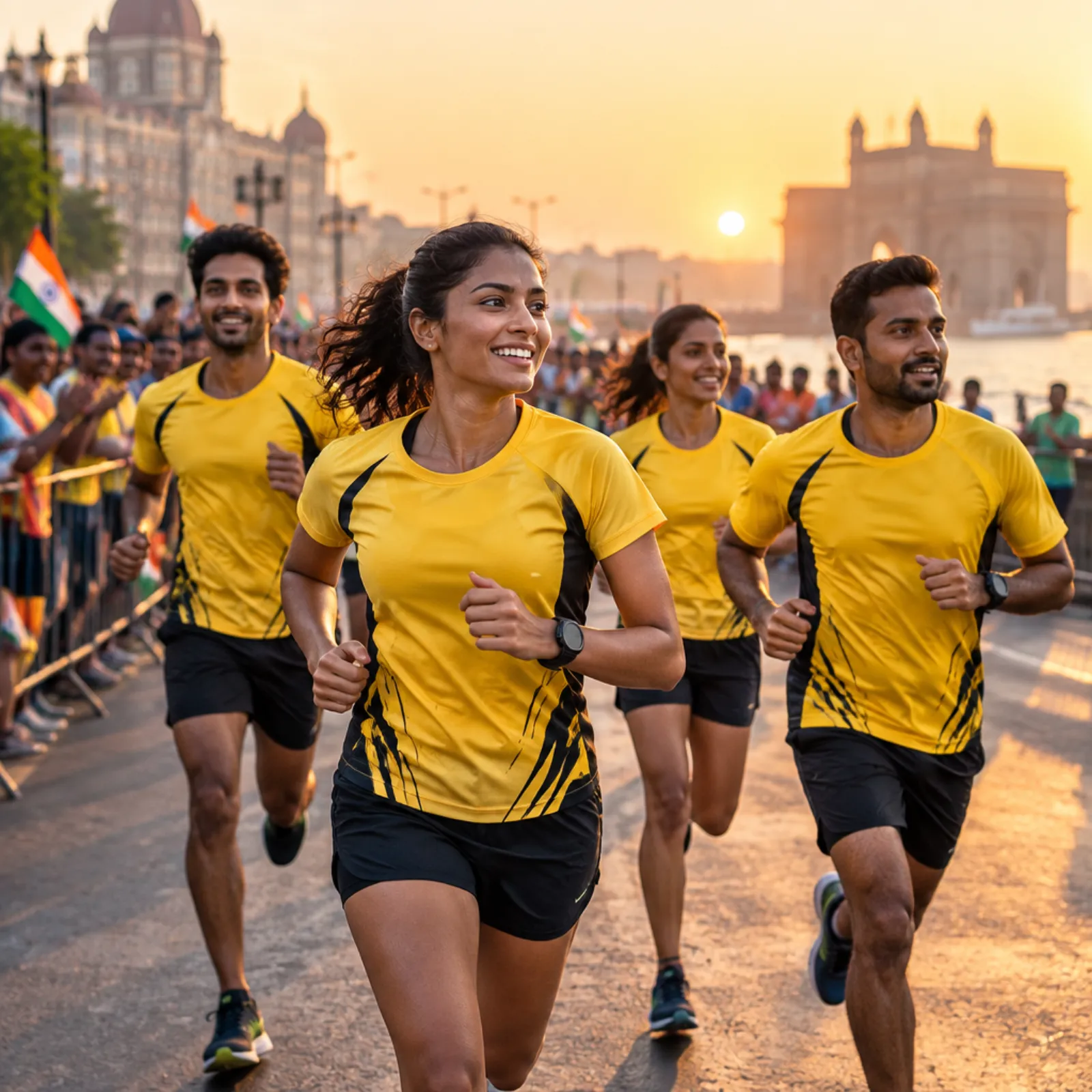 Runners in custom running vests on a city road