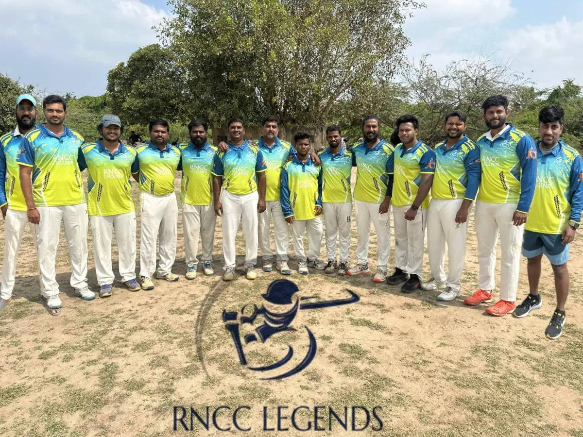 RNCC Legends cricket team in lime and turquoise sublimated jerseys with blue sleeves, some full sleeve and some half sleeve, with the team logo below