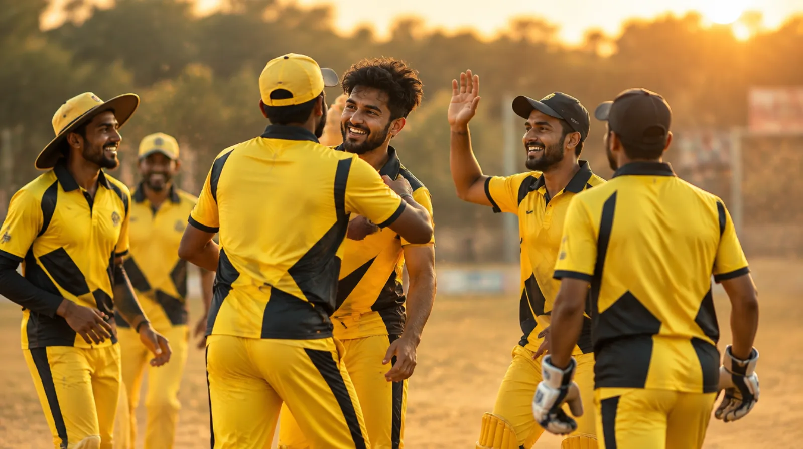 Cricket team celebrating in custom jerseys