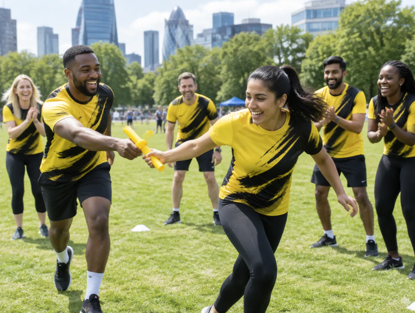 Office team in matching custom t-shirts running a relay at a corporate sports day in the park