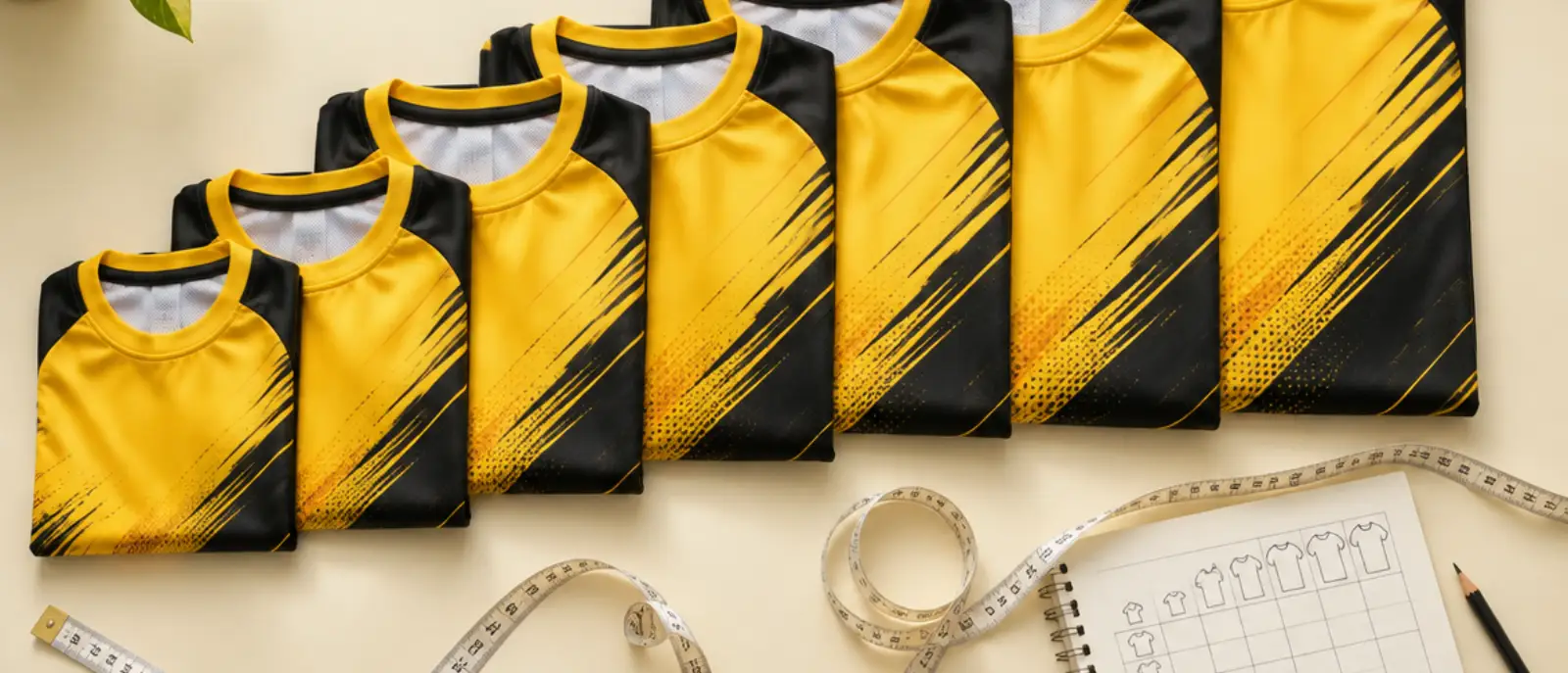 Jerseys laid out by size with a measuring tape