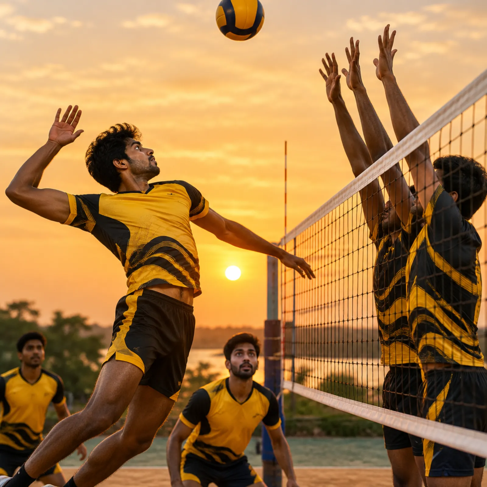 Volleyball team in custom jerseys at the net