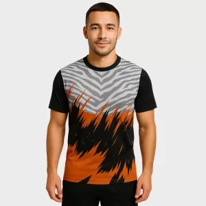Wild Strike Sports Crew Neck Jersey – Zebra Print with Orange and Black Slash Design