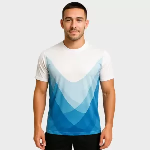 Ocean Fade Sports Crew Neck Jersey – White and Blue Gradient Wave Design