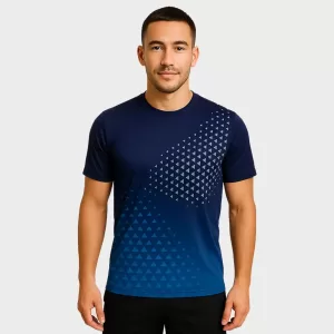 Gradient Matrix Sports Crew Neck Jersey – Navy to Blue Fade with Geometric Triangle Pattern