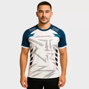 Abstract Graphic Sports Crew Neck Jersey – White with Navy and Teal Accents